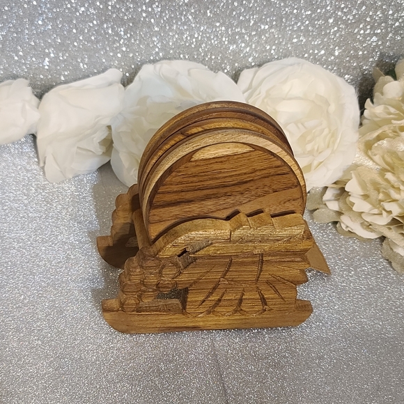 NWT Set of 6 Handcrafted Teak Wood Coasters with Hand Carved Stand - Picture 3 of 9